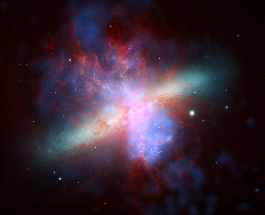 Галактика Messier 82. Изображение получено по данным космических телескопов Чандра, Хаббл и Спитцер (M82 Chandra HST Spitzer, NASA, Caltech)