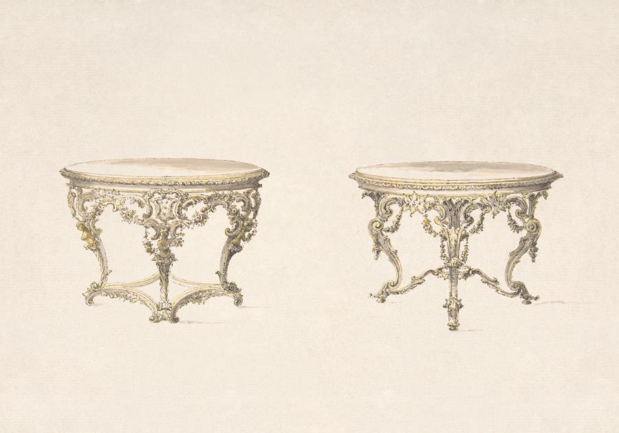 Эскиз двух круглых столов с лиственной резьбой в стиле рококо