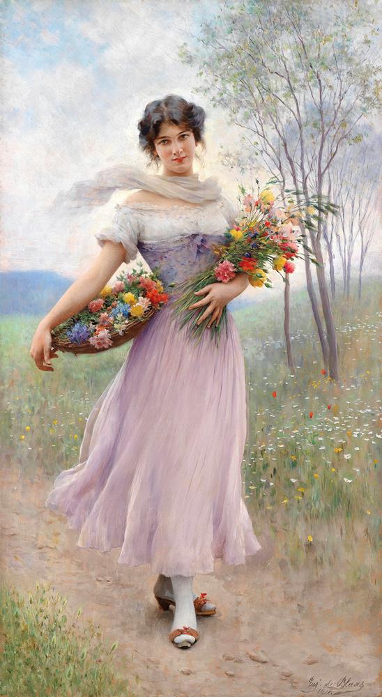 Девушка в лиловом платье с букетом цветов