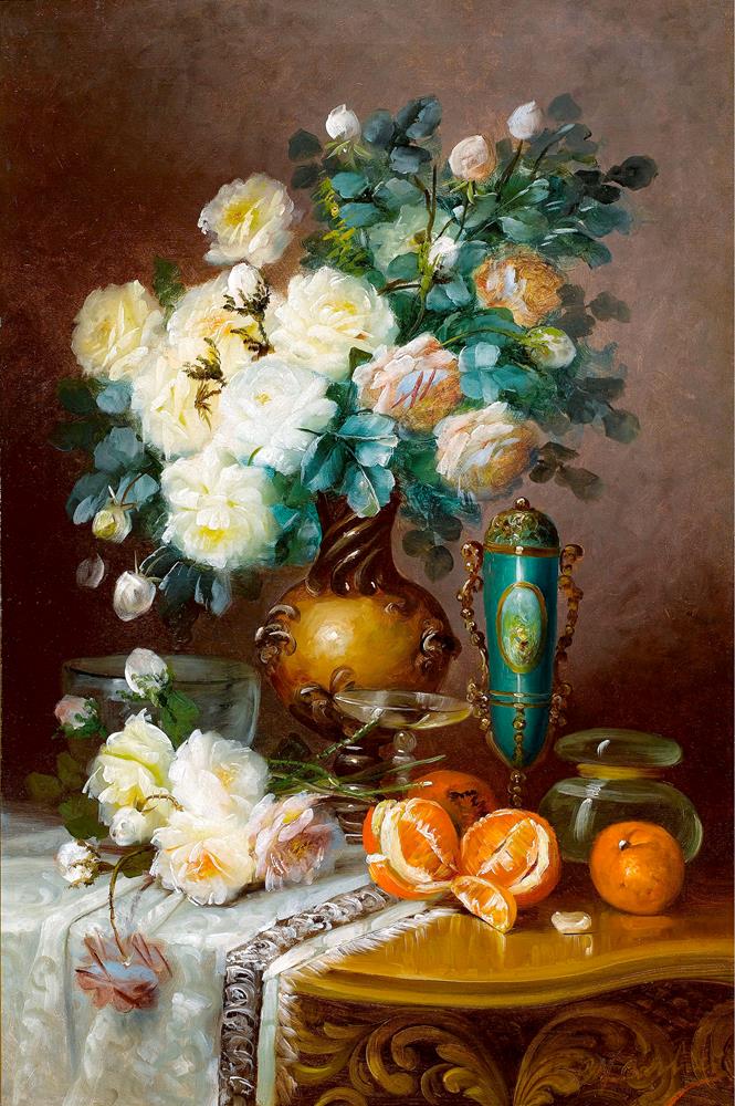 Натюрморт с белыми розами и апельсинами