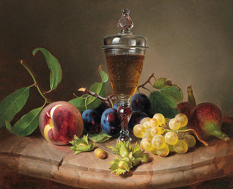 Натюрморт с бокалом вина и фруктами