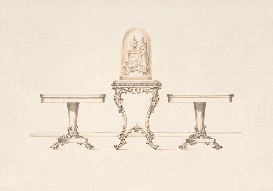 Эскиз двух круглых столов на пьедестале и квадратного стола в стиле рококо с часами под стеклом