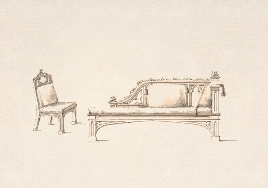 Эскиз дивана и кресла в готическом стиле с одним подлокотником